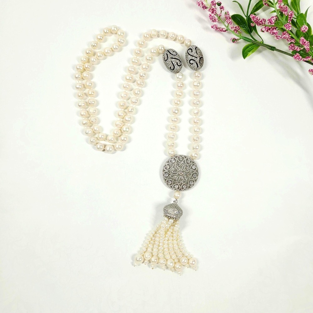 Authentic Freshwater Pearl‎ Rope Necklace with Tassel Long Sparkling Crystals